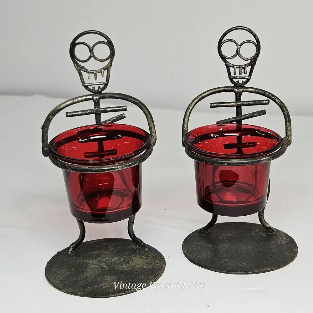 Vtg Rare Black Metal Skull Men Halloween Candle Holders Red Glass Votive Set 2